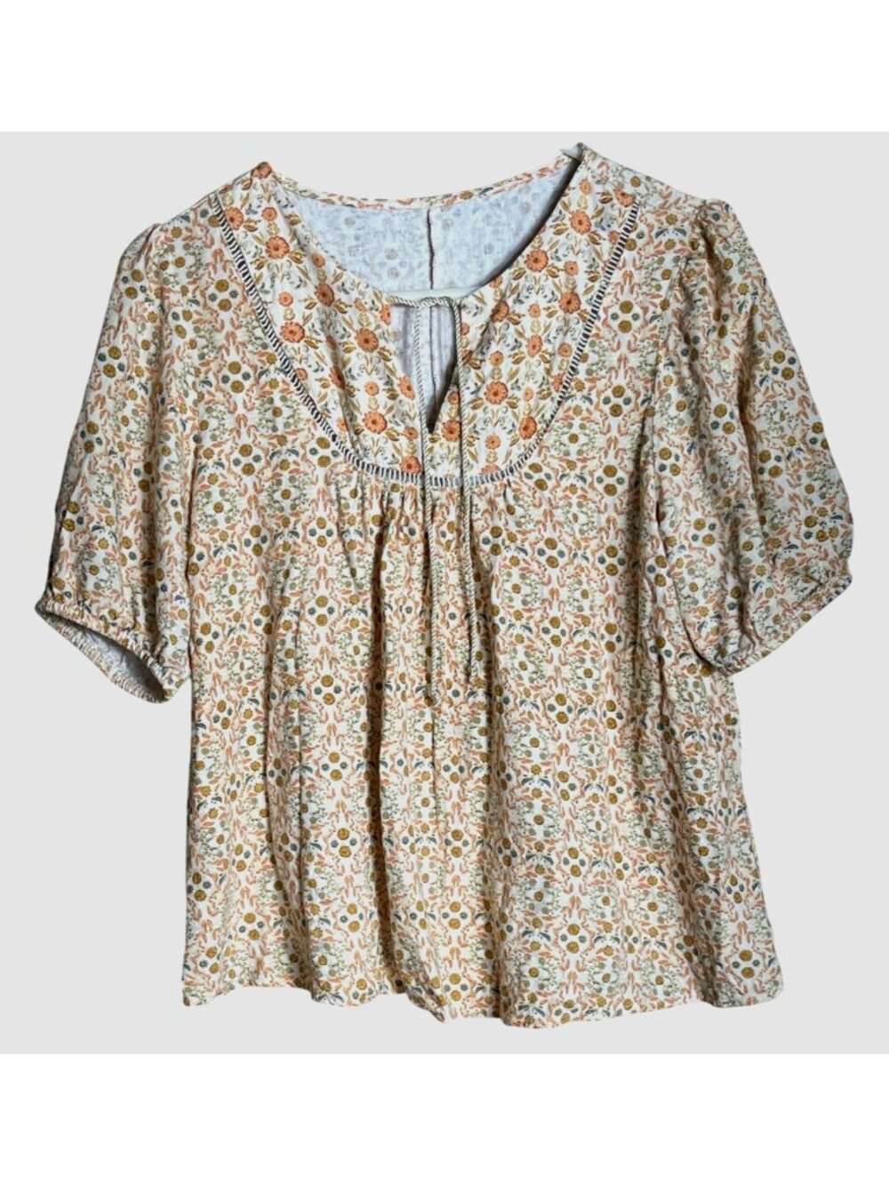 Wonderly Ditsy Floral Top Linen Orange Boho Puff Sleeve Peasant Prairie Wom M - Picture 4 of 6